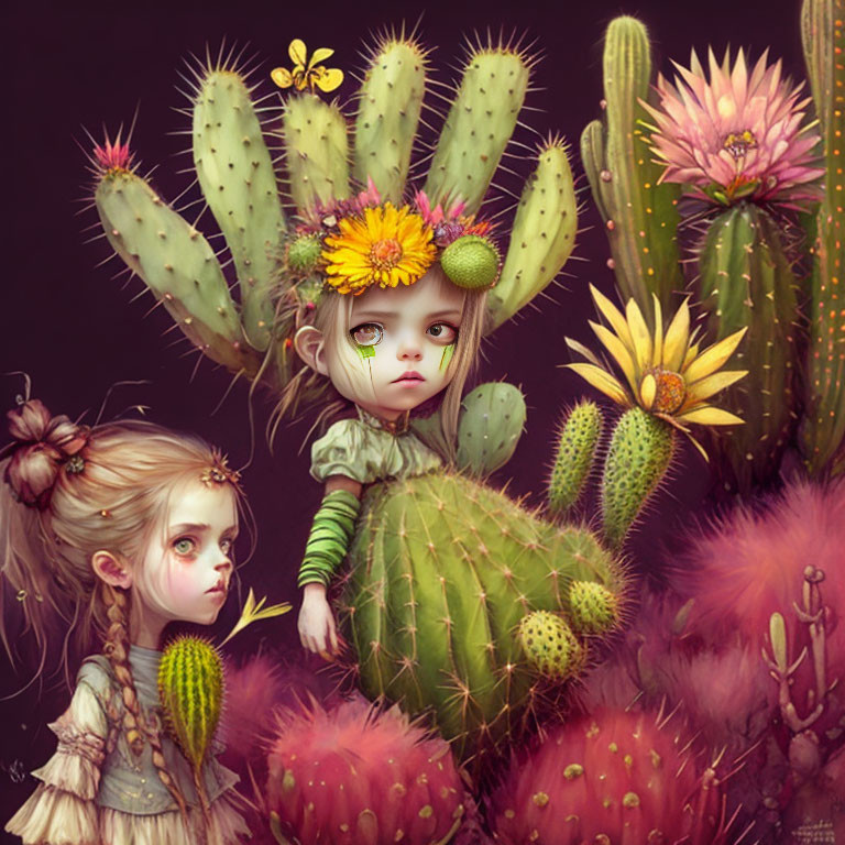 Surreal illustration of two small characters among vibrant cacti