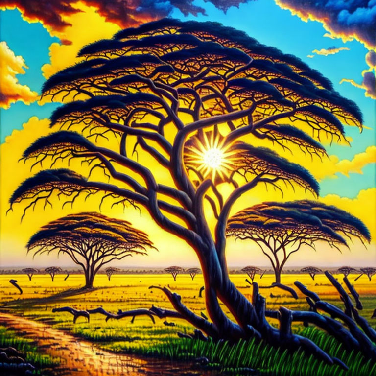 Colorful savanna painting with large tree, sun framed by branches, dramatic sky, wildlife, and