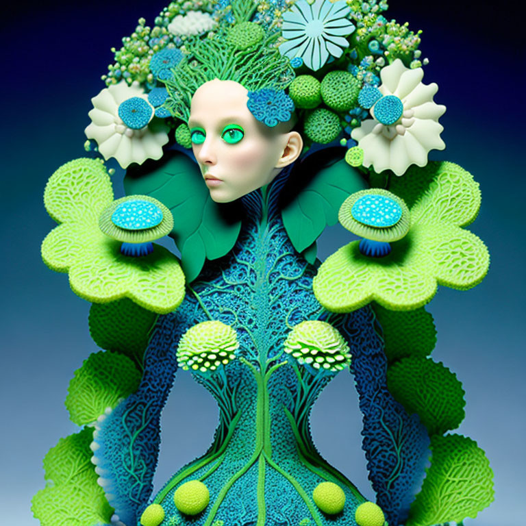 Stylized portrait of figure with plant-like features and floral headdress on blue background