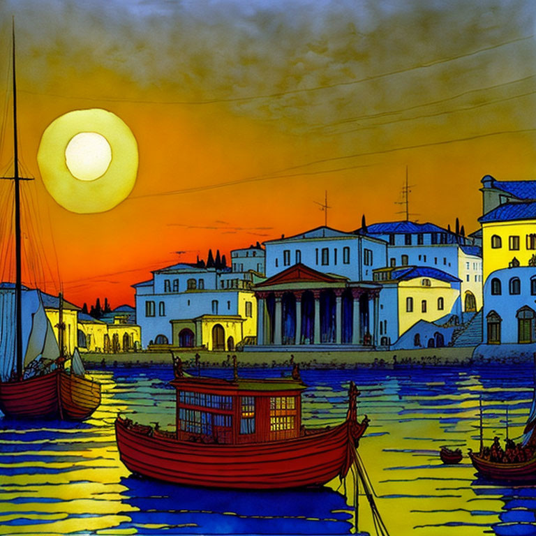 Coastal sunset scene with boats, buildings, and warm lighting