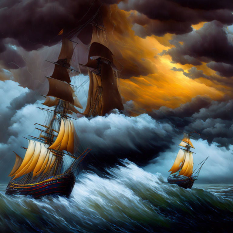 Three majestic sailing ships on stormy seas at sunset