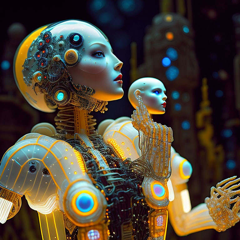 Detailed futuristic humanoid robots with glowing circuitry in a tech setting