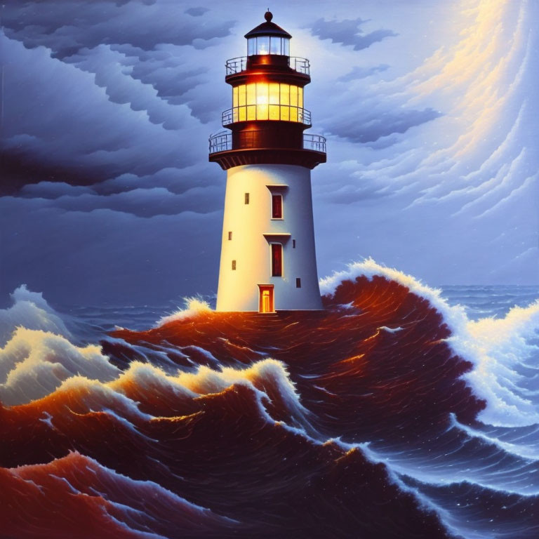 Luminous lighthouse on ocean waves under dramatic sky