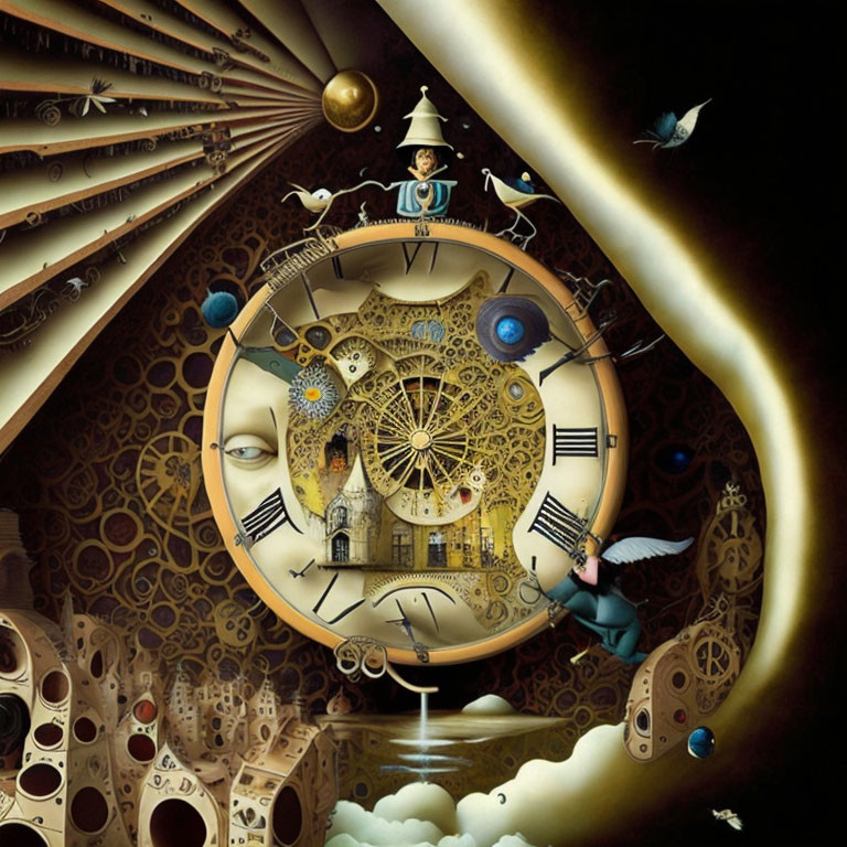 Surreal artwork with clock, gears, faces, house, and whimsical characters