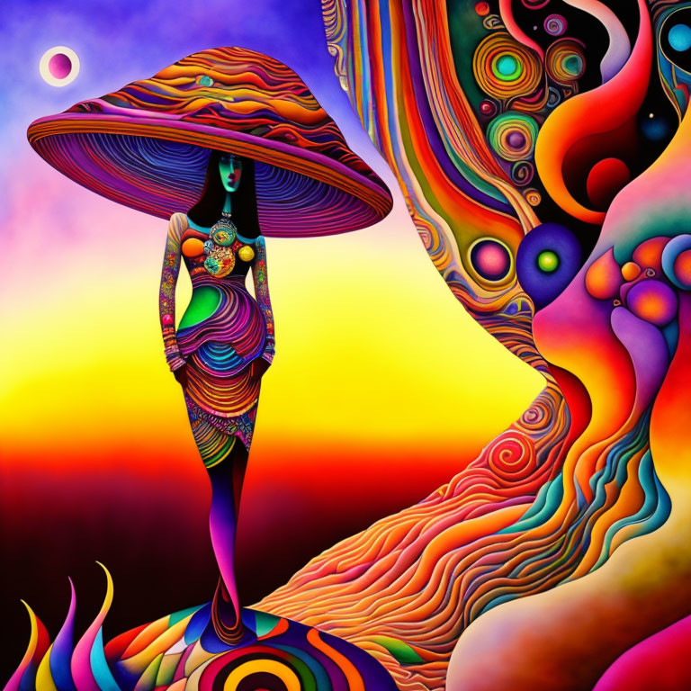 Colorful psychedelic artwork: Stylized woman in large hat under sunset sky