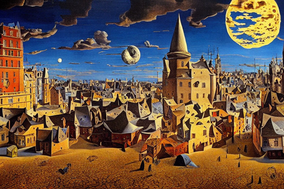 Surreal cityscape painting with elongated structures and dual moons in the sky