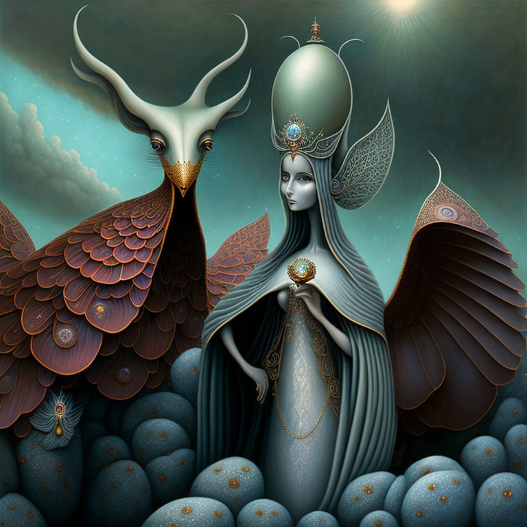 Fantasy artwork: Woman with wings, crown, creature with antlers, celestial orbs.