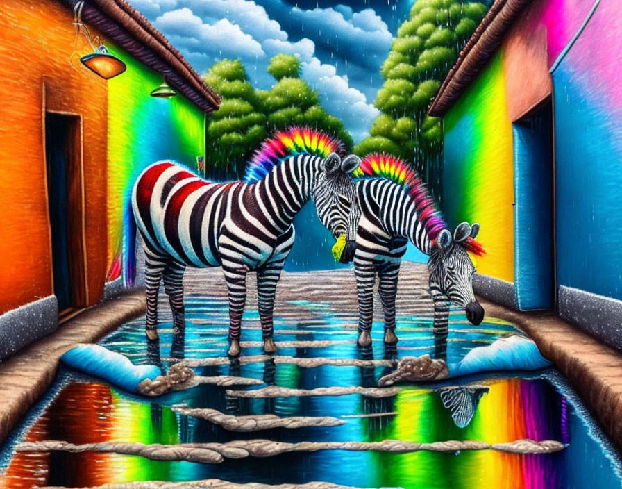 Colorful Striped Zebras on Reflective Surface in Surreal Street Under Raincloud