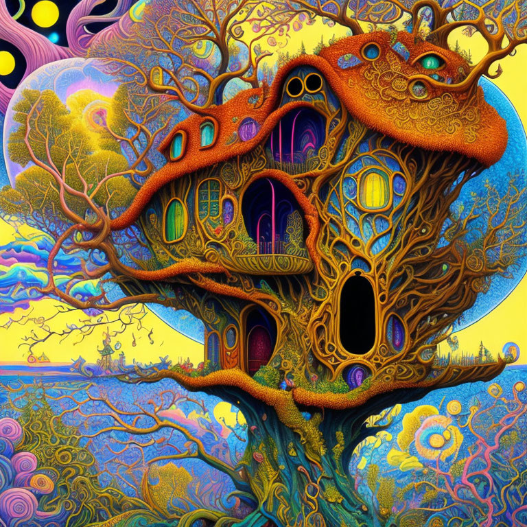 Colorful surreal tree with whimsical details against psychedelic sky