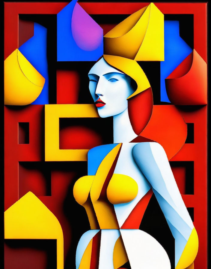 Vibrant abstract portrait with geometric shapes and stylized female figure