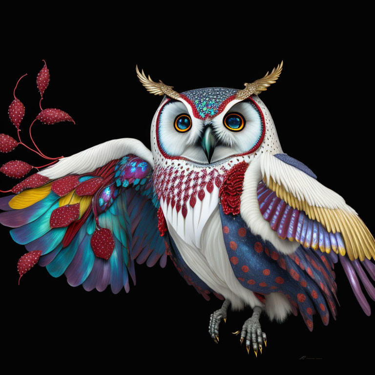 Colorful Stylized Owl Artwork with Rainbow Feathers on Black Background