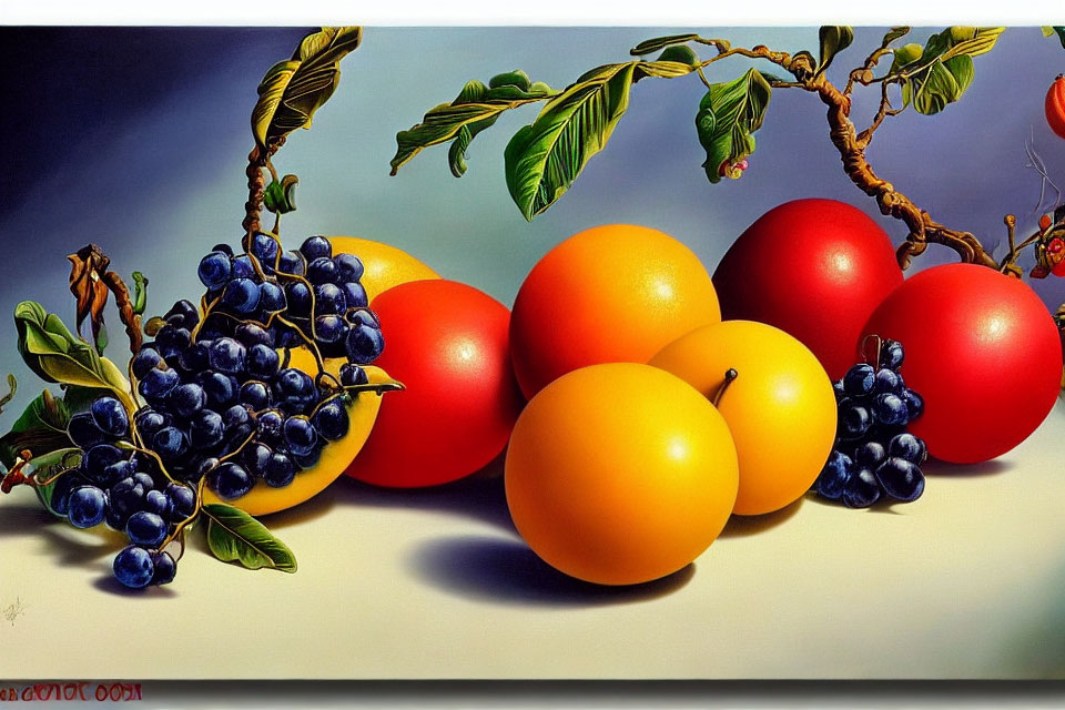 Realistic painting of vibrant purple grapes and citrus fruits on light surface