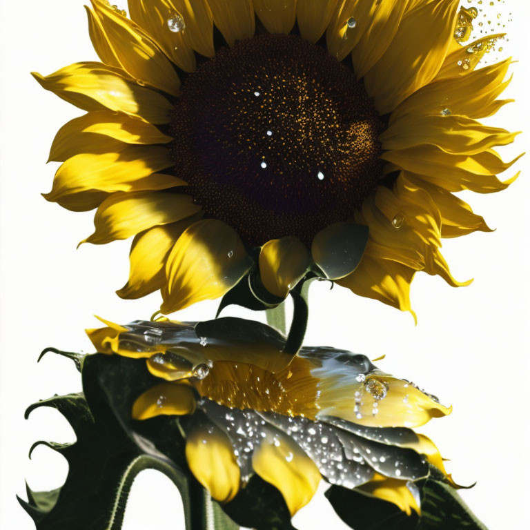 Bright yellow sunflower with water droplets on white background