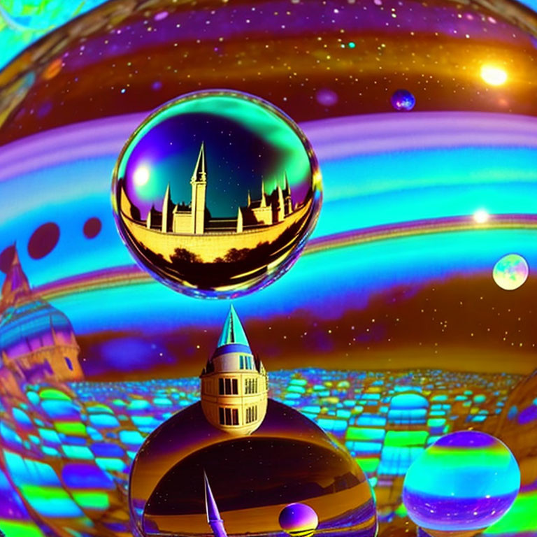 Colorful digital artwork: Floating spheres, castle, futuristic domes under starry sky