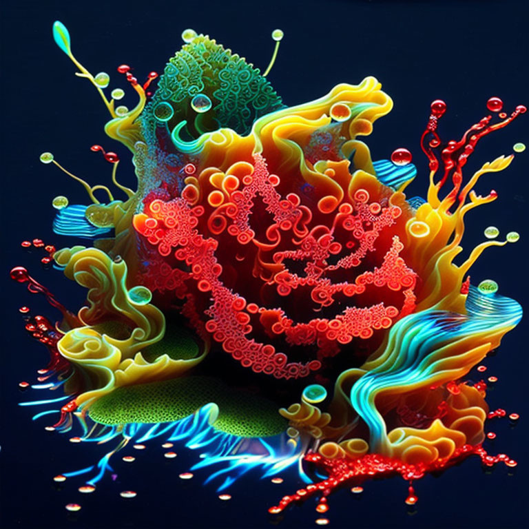 Abstract digital artwork of vibrant coral-like structure with intricate patterns and luminescent red and blue droplets