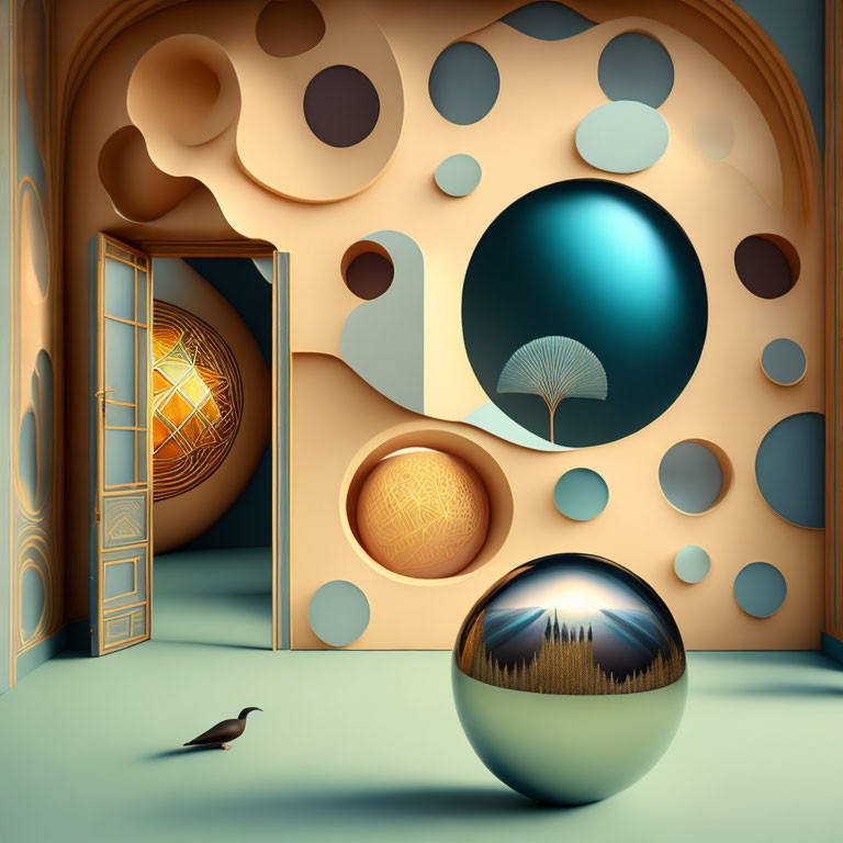 Surreal room with circular holes, reflective sphere, bird, tree in bubble, warm lighting.