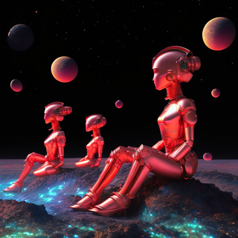 Futuristic robots on rock with cosmic red and black backdrop