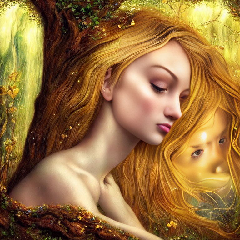 Fantasy Artwork: Woman with Golden Hair Blended into Tree Roots