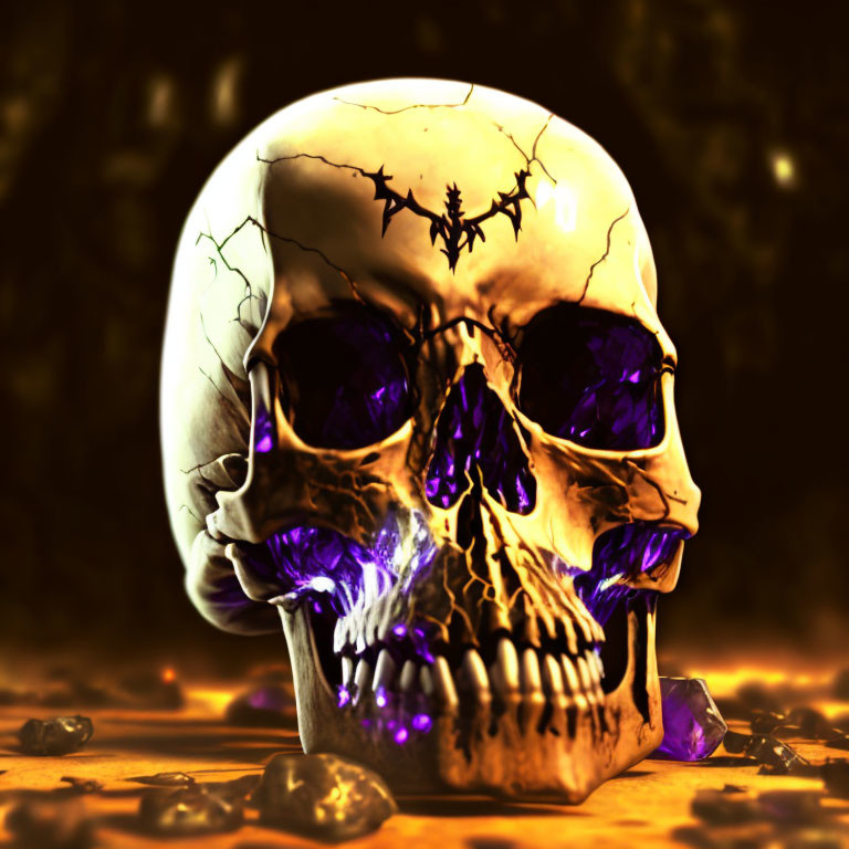 Purple-eyed skull with spider silhouette on forehead in dark background