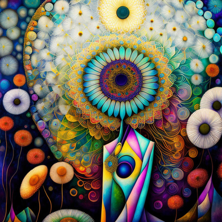 Colorful Psychedelic Artwork with Eye Motif & Floral Patterns