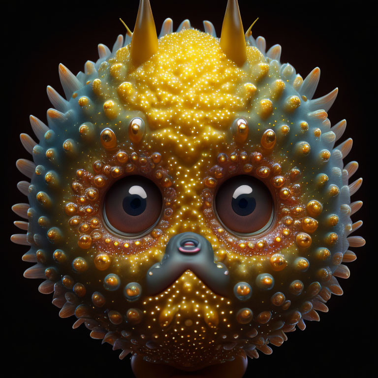 Colorful fantastical creature with big eyes and horns on dark background