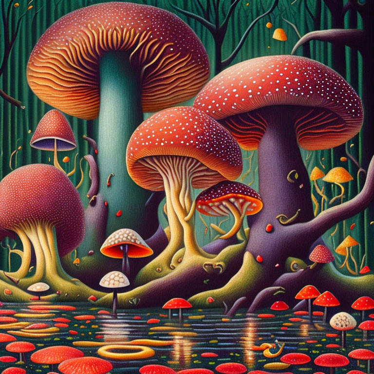 Colorful oversized mushrooms in fantasy forest with pond and glowing orbs