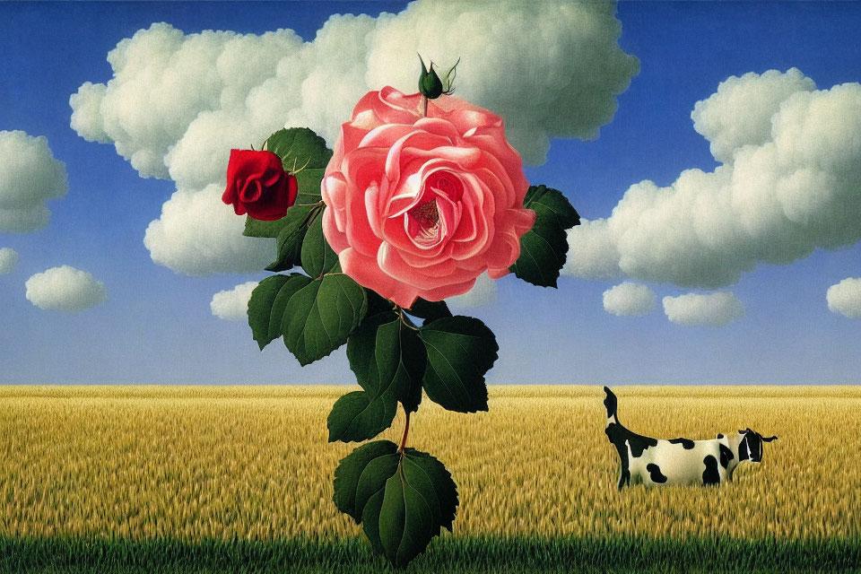 Surreal landscape featuring large pink rose, wheat field, red rose, fluffy clouds, and spotted