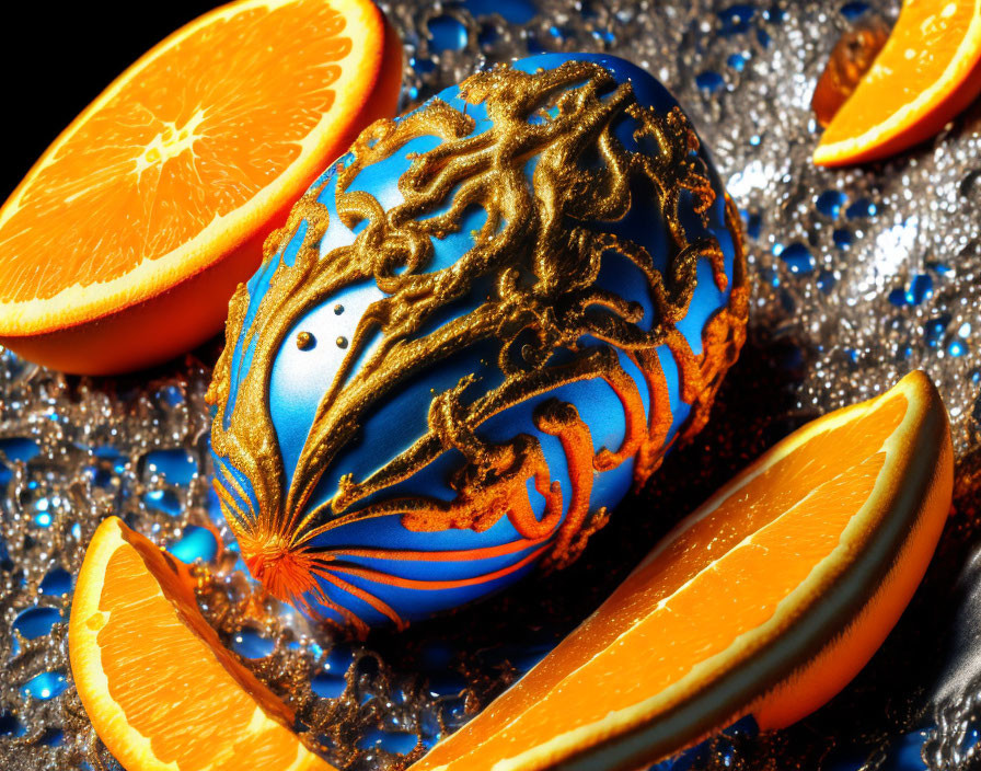 Blue and Gold Painted Easter Egg with Orange Slices on Dark Background