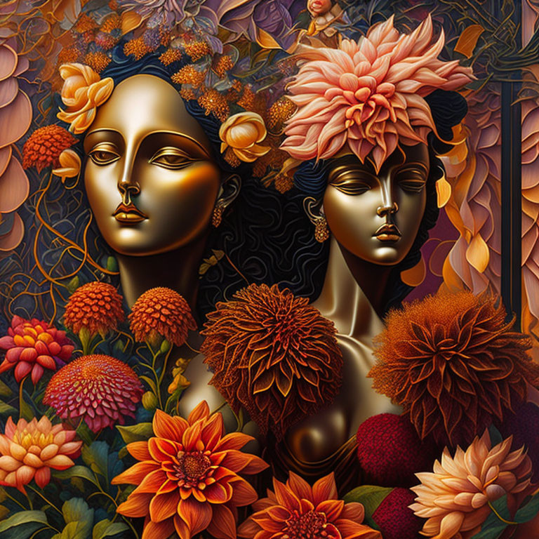 Surreal artwork with golden faces and blooming flowers