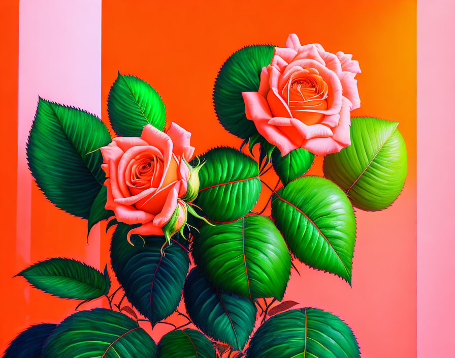 Digital Artwork: Two Pink Roses on Pink and Orange Background