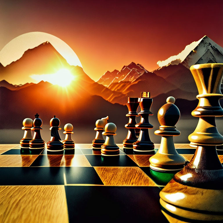 Chess Pieces on Board with Mountain Range and Setting Sun Background