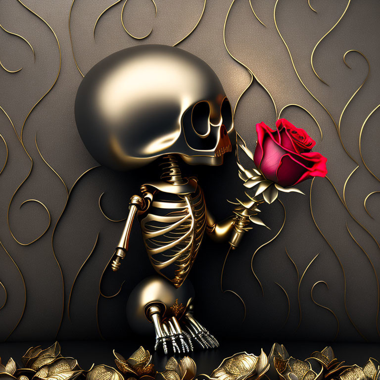 Golden Skeleton with Red Rose on Ornate Black and Gold Background