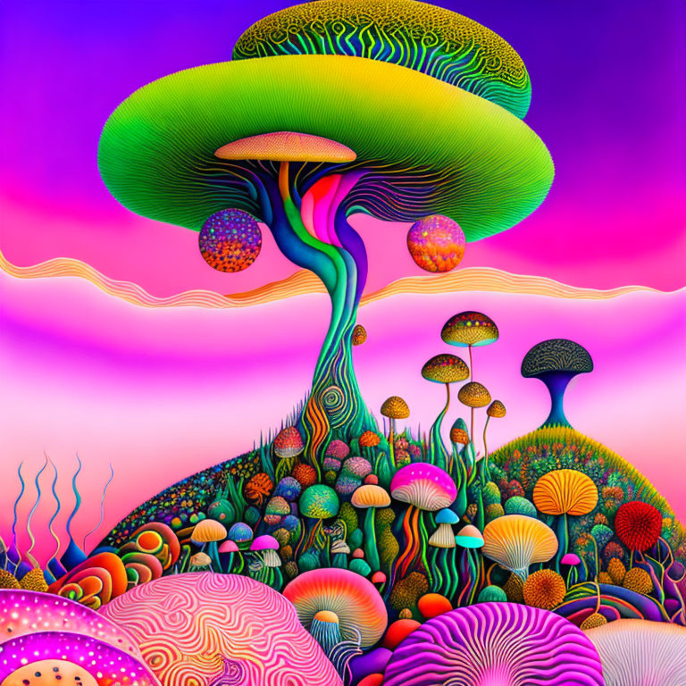 Colorful psychedelic mushroom art on vibrant gradient background