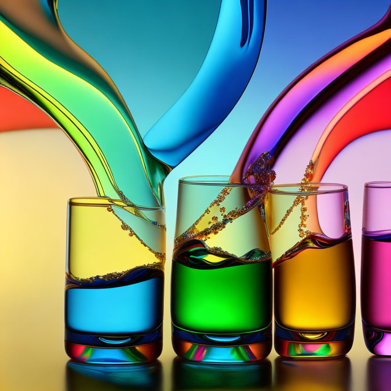 Vibrant cascading liquids in aligned glasses on rainbow background