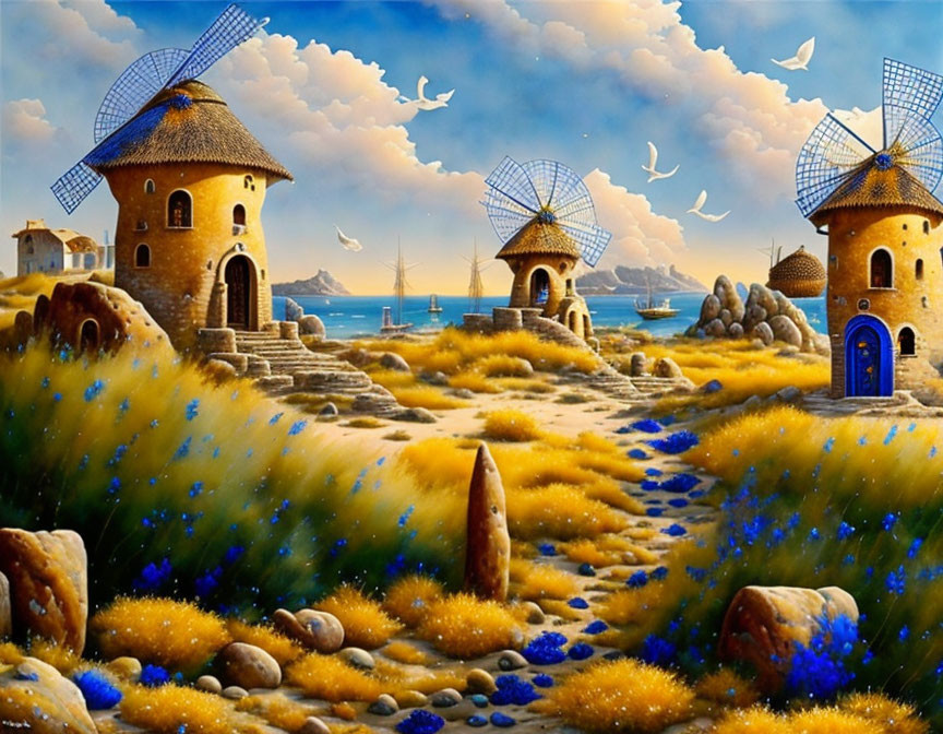 Stone windmills in golden lavender flower field with seagulls in blue sky