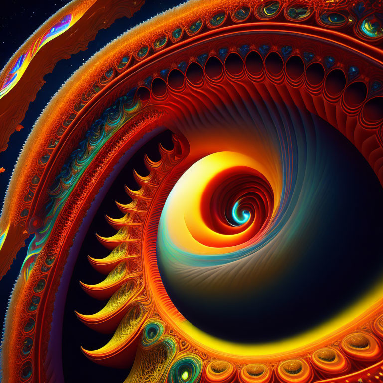 Vivid warm-hued fractal spiral with cosmic backdrop