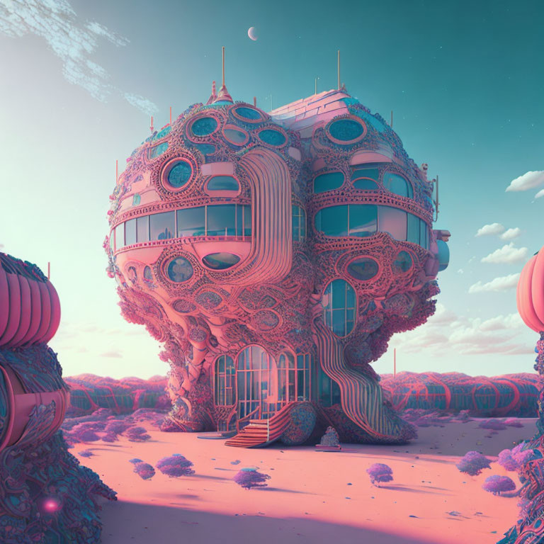 Surreal pink landscape with intricate organic building and crescent moon