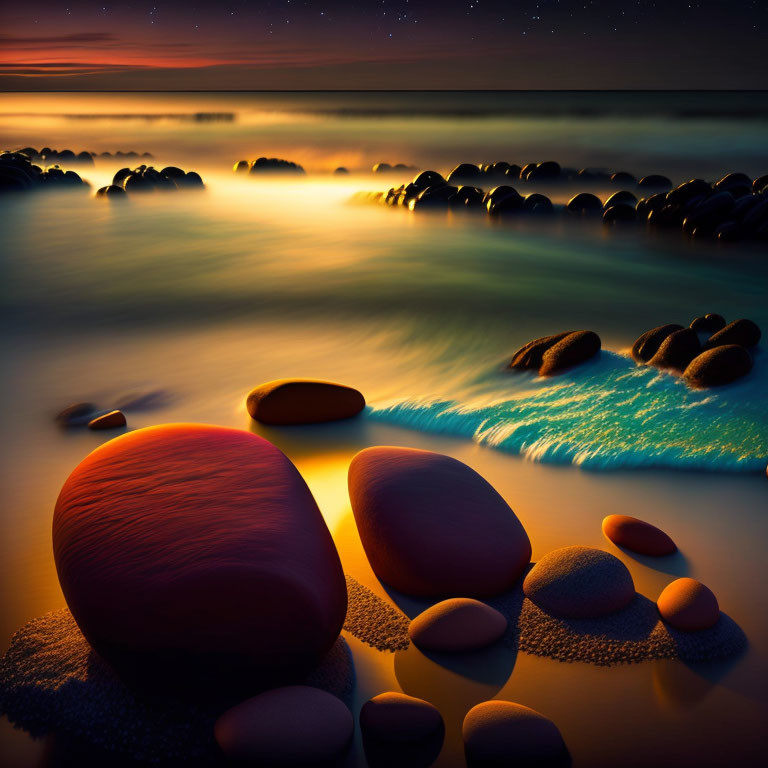 Tranquil Twilight Beach Scene with Smooth Stones and Golden Sunset