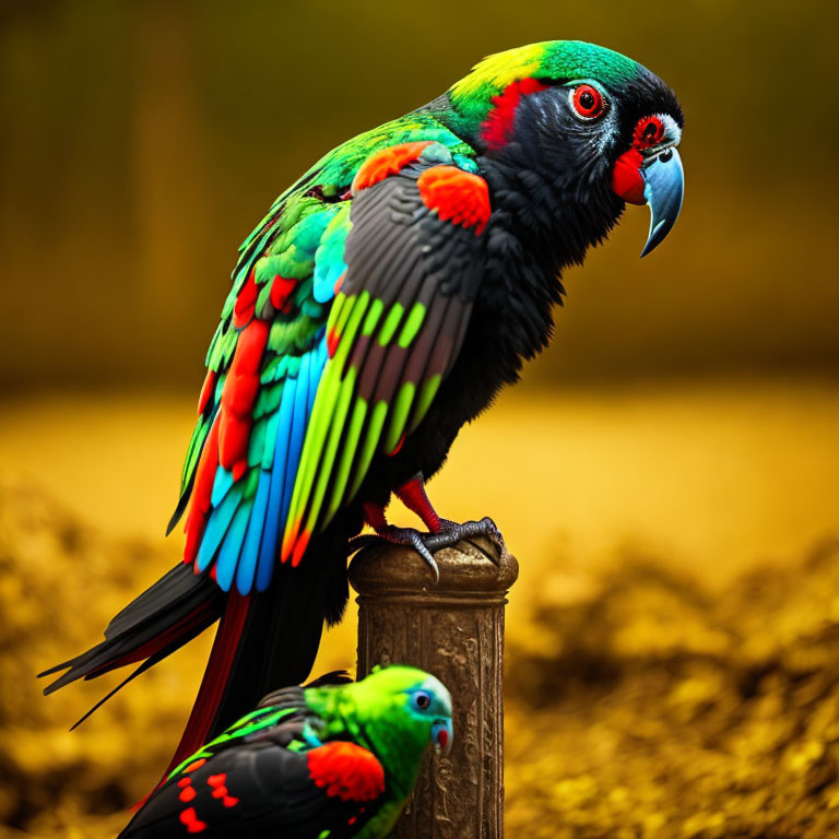 Colorful Lorikeets Perched: One Sharp, One Blurred