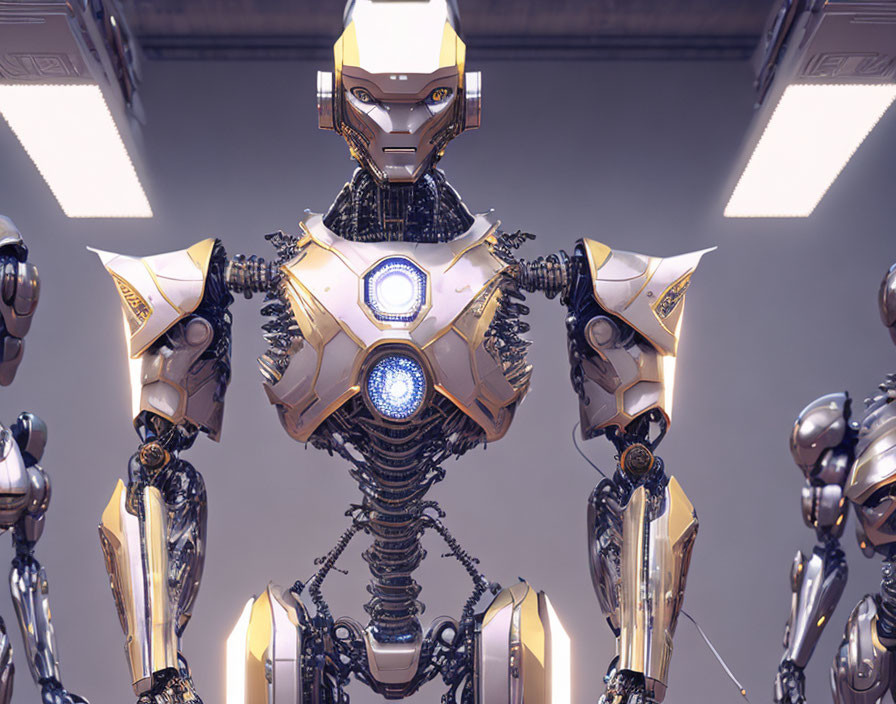 Detailed humanoid robot with gold and white colors and glowing blue core