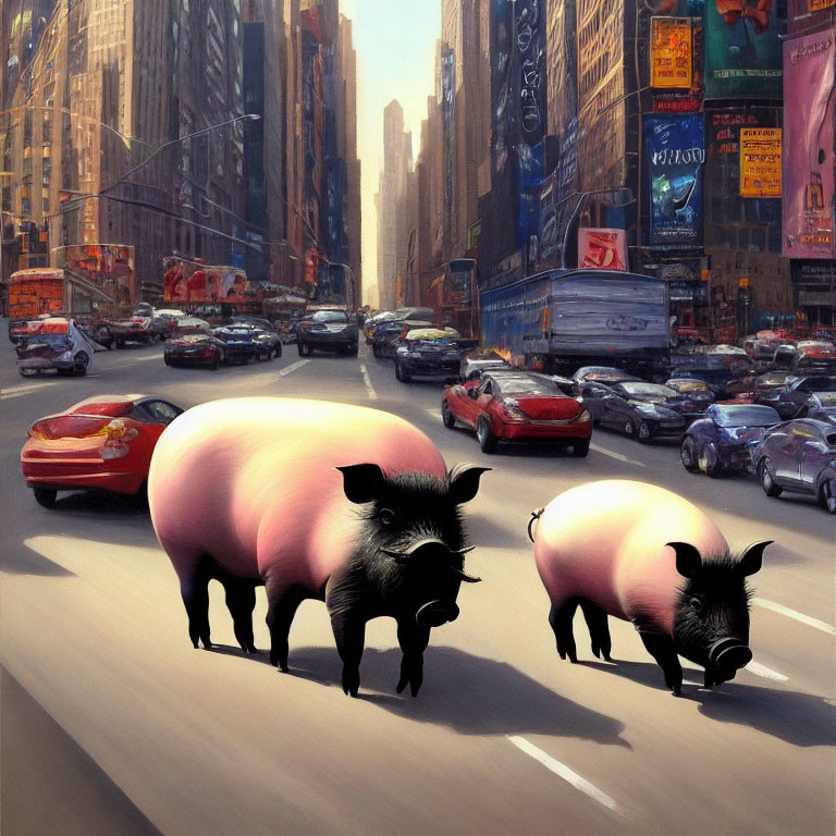 Surreal artwork: Oversized pigs in city street with cars and billboards