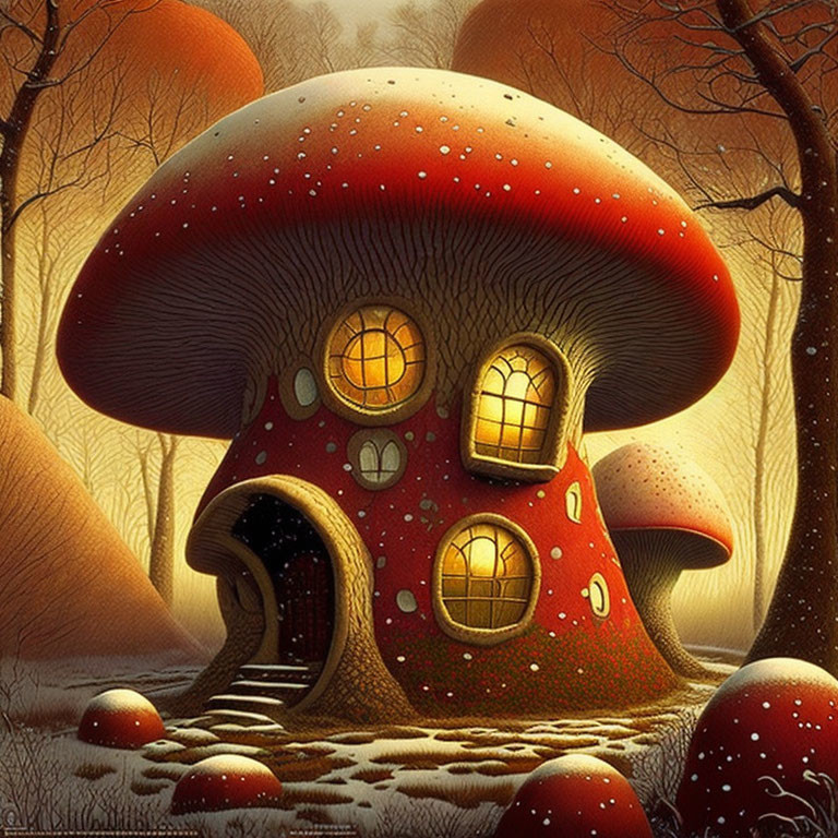 Illustration of Mushroom-Shaped House in Autumn Forest