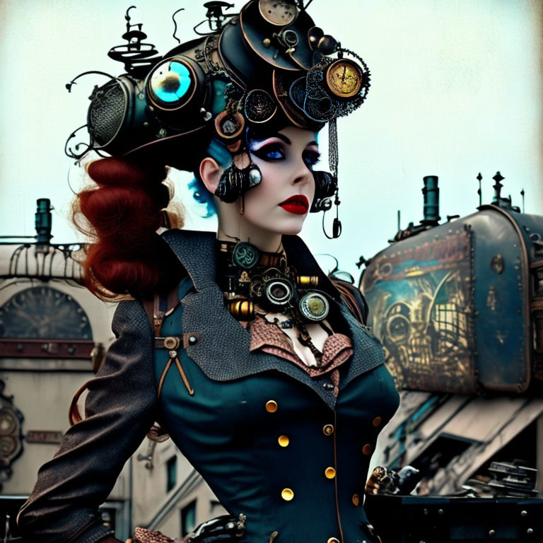 Elaborate steampunk attire with cogwheel details and futuristic eyepiece.