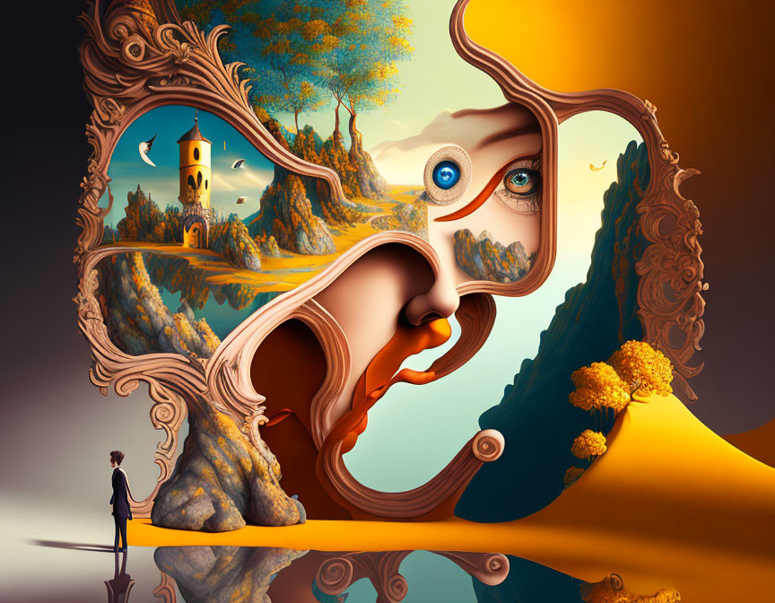 Surreal landscape merging with human profile and eye connection.