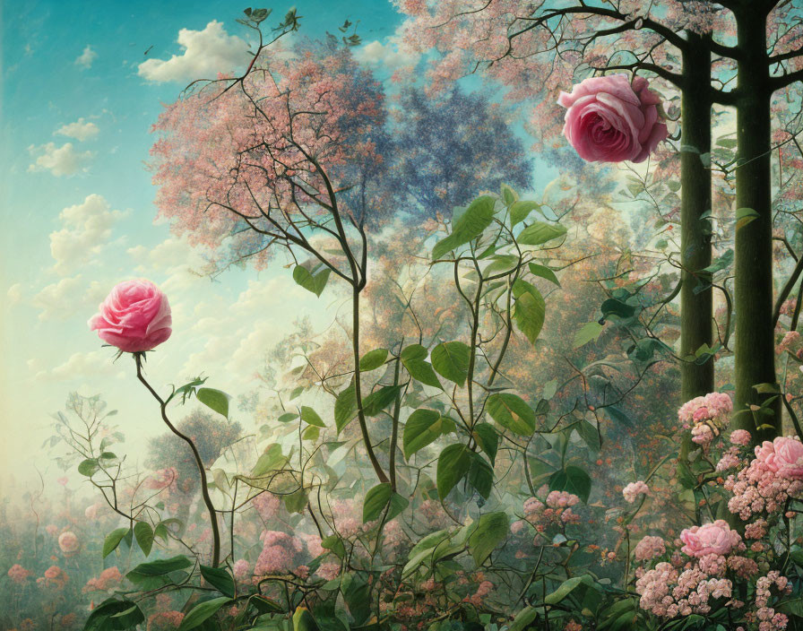 Surreal landscape with oversized pink roses and lush pink-hued forest under blue sky