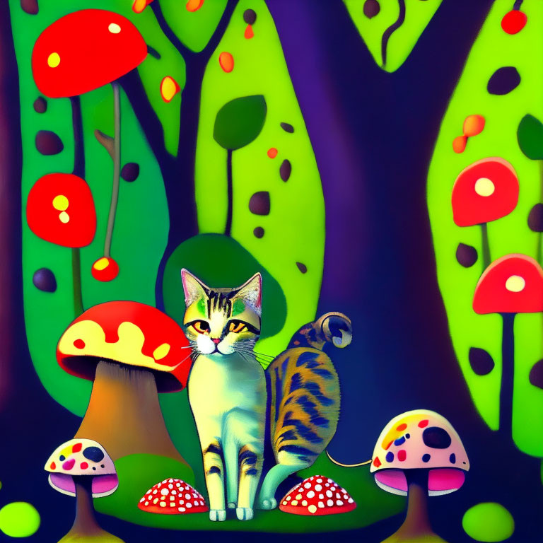 Vibrant Tabby Cat Among Red-Capped Mushrooms and Foliage