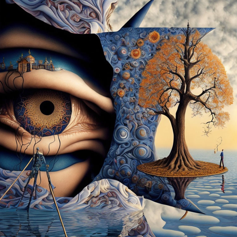 Surreal artwork with tree, eye, and swirling blue patterns