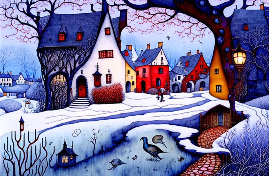 Colorful Winter Village Scene with Stylized Houses, Snow, Trees, and Stork