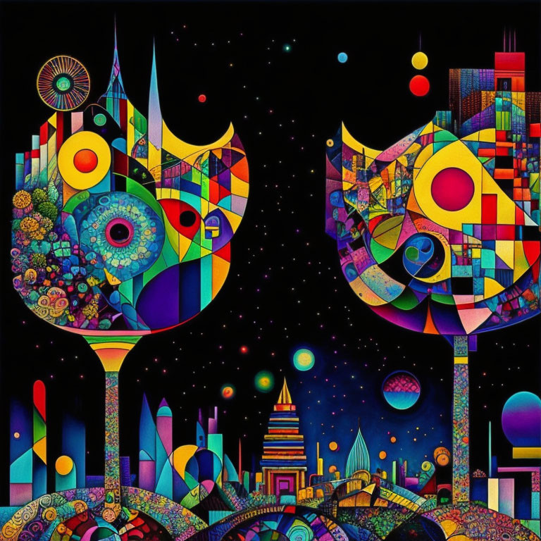 Colorful Abstract Art: Symmetrical Tree Structures, Geometric Patterns, Cosmic Backdrop