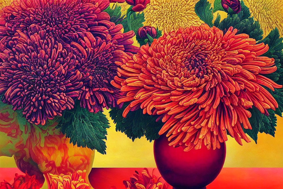 Colorful painting of oversized chrysanthemum flowers in red and purple hues on yellow backdrop